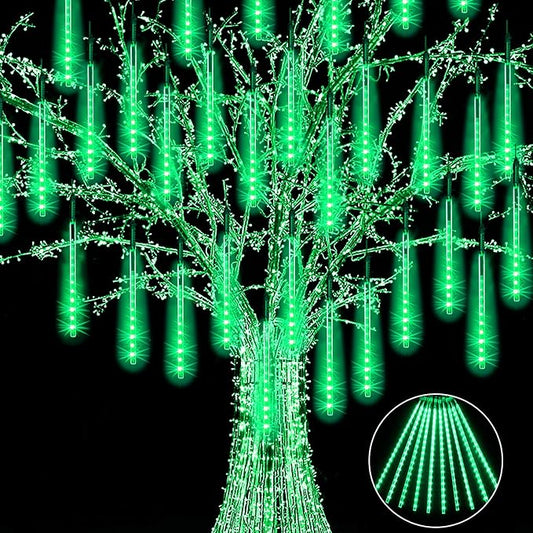 Christmas Meteor Shower Rain Lights, 10 Tube 12 Inch 240 LEDs Icicle Outdoor Raindrop for Xmas Halloween Wedding Party Tree Holiday Decoration, Green
