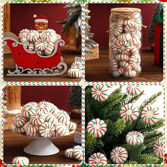 36 Pcs Felt Peppermint Decoration Christmas Wool Peppermints Christmas Arts Crafts Supplies, DIY Garland for Tree Home Vase Filler Decoration(Green)