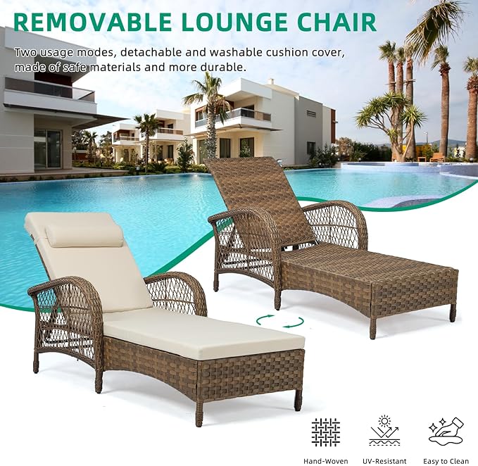 VIVIJASON 3 Pieces Outdoor Wicker Chaise Lounge Chair Set, All-Weather PE Rattan Cushioned Patio Lounger Set of 2 with Side Table, Adjustable Pool Sunbathing Recliner with Armrest & Pillow, Beige