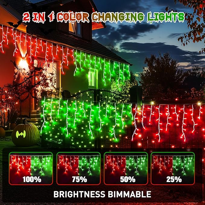 JMEXSUSS 400 LED Christmas Icicle Lights Outdoor, Red & Green Halloween Icicle Lights Clear Wire,Connectable String Lights Plug in for Christmas Party Outdoor Eaves Home Xmas Decorations