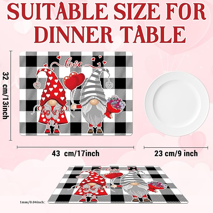 Valentine's Day Placemats Set of 6 Gnomes Plastic Table Mats Buffalo Plaid Place Mats Washable Vinyl Love Hearts Table Decoration for Anniversary Wedding Party Kitchen Dining Table