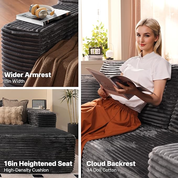 106" Cloud Sectional Couches for Living Room,Plush Corduroy Boneless Couch with Comfy Chaise,L Shaped Sofa in A Box No Assembly Require,Grey