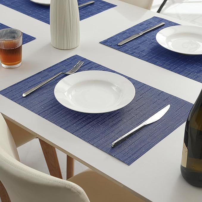 Leetaltree Blue Placemats Set of 4 - Heat Resistant Non-Slip Place mats for Dining Table, Washable Durable PVC Vinyl Woven Table Mats（Blue, 4）