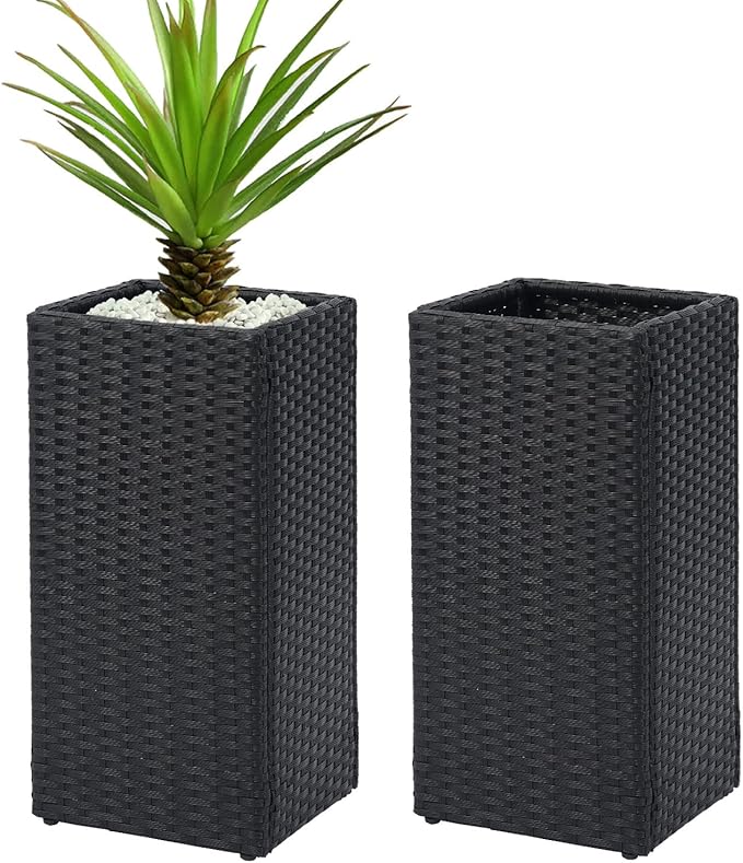 LEWIS&WAYNE Set of 2 Tall Planters for Outdoor Plants Handmade 24'' Wicker Tall Square Planter Box with Removable Liners Modern Planter for Indoor Outdoor Garden Patio Front Porch - Black