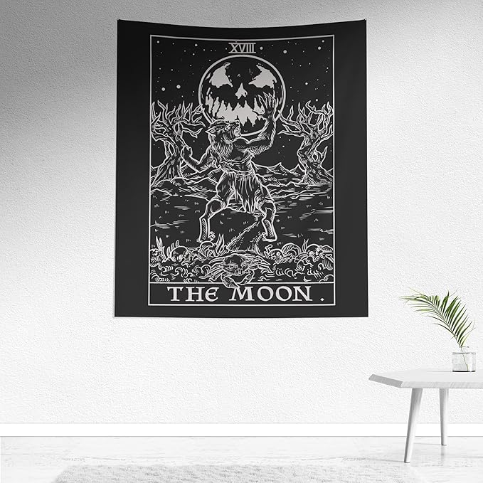 The Moon Tarot Card Tapestry (Black & White) - Werewolf - Gothic Halloween Home Decor Wall Hanging (60" x 50")