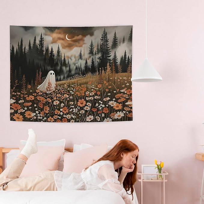 NATSUNO Halloween Tapestry, Halloween Spooky Ghost Wall Tapestry for Bedroom, Whimsical Enchanted Forest Flower Ghost Tapestries Wall Hanging for Home Living Room Decor, 50x60 Inches