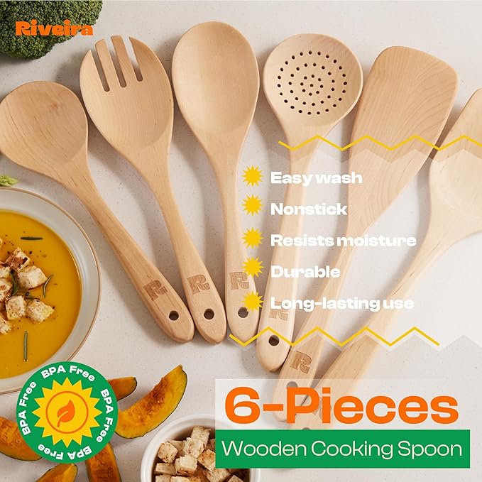 Riveira Maple Wooden Spoons for Cooking Set of 6 – Natural Maple Wooden Cooking Utensils, Wooden Spatula, Wooden Spoon - Premium Quality Wooden Utensil Set for Non-Toxic Cooking