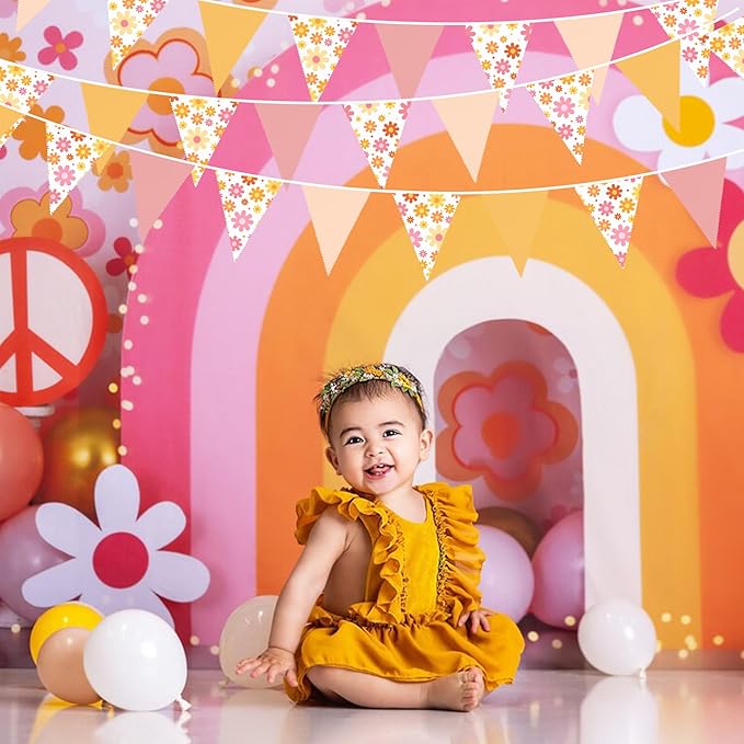 32Ft Groovy Party Decorations Dusty Pink Yellow Pennant Banner Fabric Triangle Flag Bunting Garland Streamers for Daisy Groovy Boho Retro Hippie Wedding Birthday Baby Shower Spring Party Supplies