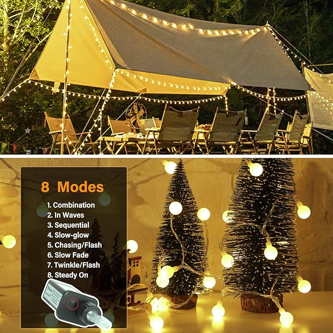 Minetom Mini Globe String Lights, 66 Ft. 200 LED Fairy String Lights Plug in, 8 Modes with Remote, Decor for Indoor Outdoor Party Wedding Christmas Tree Garden, Warm White