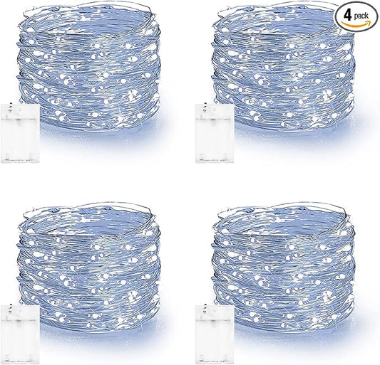 Dazzle Bright Fairy Lights Battery Operated, 4 Pack Total 80FT 240LED Silver Wire Waterproof Battery Operated String Lights, Christmas Decorations for Indoor Outdoor Bedroom Yard Decor, White