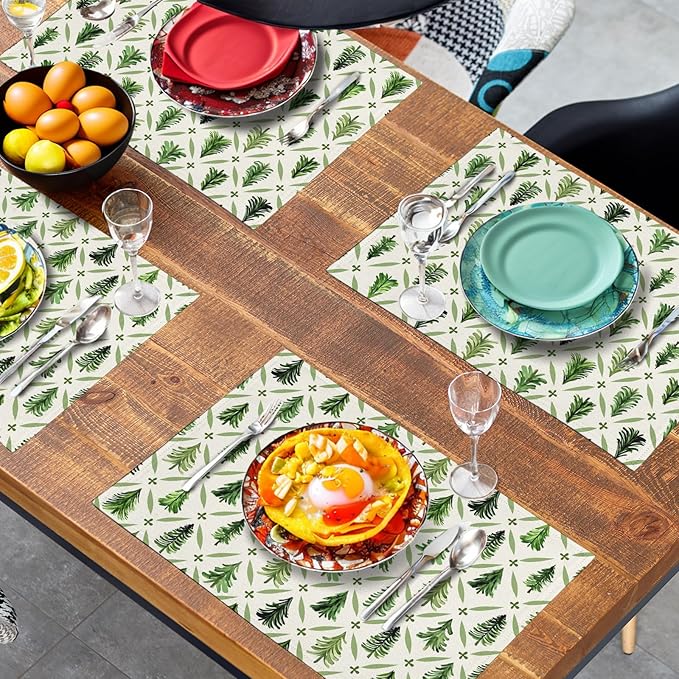 Sage Green Pine Tree Christmas Placemats Set of 4 Xmas Farmhouse Rustic Style Print Place Mat Seasonal Winter Holiday Linen Table Mats for Indoor Outdoor Kitchen Dining Party Decor