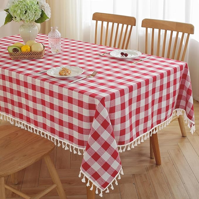 JIALE Gingham Tablecloth Square Cotton Linen Fabric Checkered Table Cloth with Tassel Washable Wrinkle Free Buffalo Plaid Table Cover for Outdoor Party Picnic Kitchen Dining, Red, 55X75''