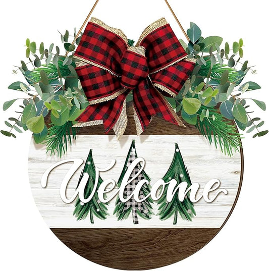 Boao Welcome Door Decoration Christmas Front Door Sign Christmas Tree Wooden Hanger with Bow Wreaths for Xmas Outdoor Farmhouse Porch Decor