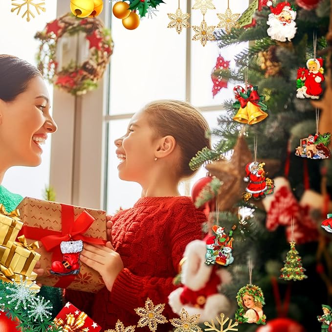 48 Pcs Victorian Style Wood Christmas Tree Ornaments - Hanging Vintage Decorations With Santa Claus and Snowman - Retro Wooden Ornament (Vivid Style)