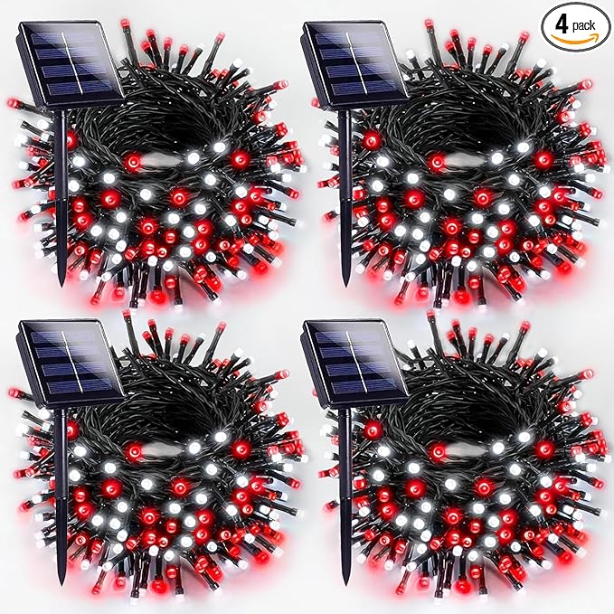 4-pack Red and White Solar Christmas Lights Outdoor Waterproof, 400LED 132FT Solar Powered LED String Lights Green Wire with 8 Modes Solar Fairy Lights for Xmas Tree Party Wedding Garden Fence Decor