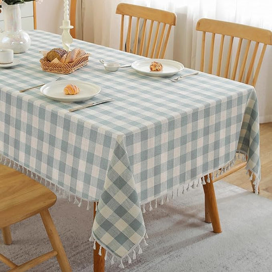 JIALE Gingham Tablecloth Square Cotton Linen Fabric Checkered Table Cloth with Tassel Washable Wrinkle Free Buffalo Plaid Table Cover for Easter Party Outdoor Picnic Kitchen Dining, Blue, 55x55
