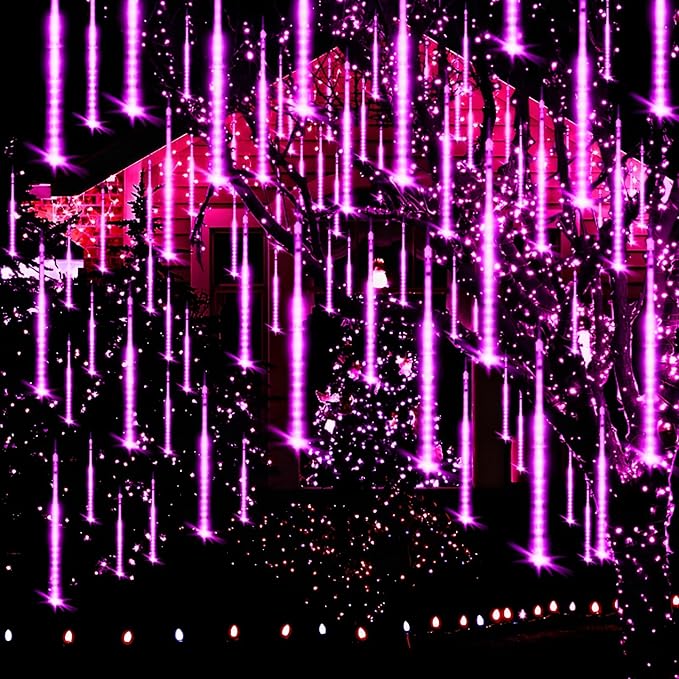 Purple Christmas Lights Outdoor Meteor Shower Lights 8 Tubes 192 LED Falling Rain Dripping Icicle Light for Xmas Christmas Decor Halloween Decorations, Halloween Light Outdoor, UL Plug