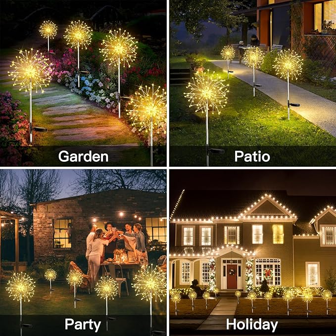 suddus Solar Garden Lights Outdoor Waterproof Decorative, 2Pack 150LED Firework Lights, Solar Fairy Lights for Yard, Garden, Party, Patio, Pathway, Flowerbed - Warm White