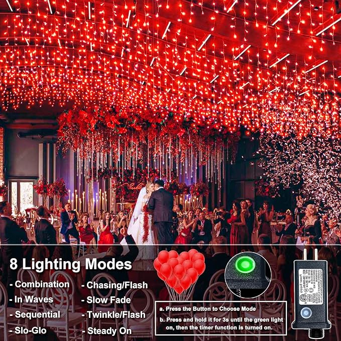 Icicle Lights for Outside, 33FT 400 LED Christmas Lights with 8 Modes 75 Drops, Waterproof Plug in Curtain String Light for Outdoor Indoor House Patio Fence Wedding Decorations, Red