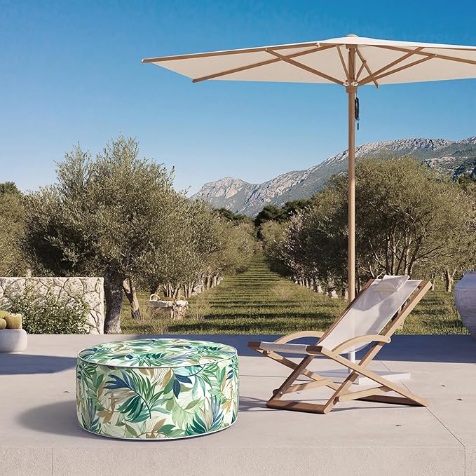 Inflatable Ottoman Stool D31 xH14 for Outdoor/Indoor Use, Water Repellent Patio Foot Rest Stool with Portable Handle,Round Pouf Ottoman Suitable for Garden,Deck and Camping - Lush Leaf Green