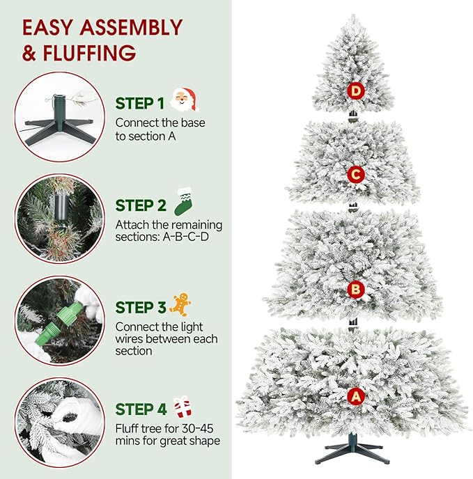 9ft Pre-lit Artificial Christmas Tree with Remote, Snow Flocked Xmas Trees Rotating & Foldable Stand, RGB & Warm White Light for Home Decor