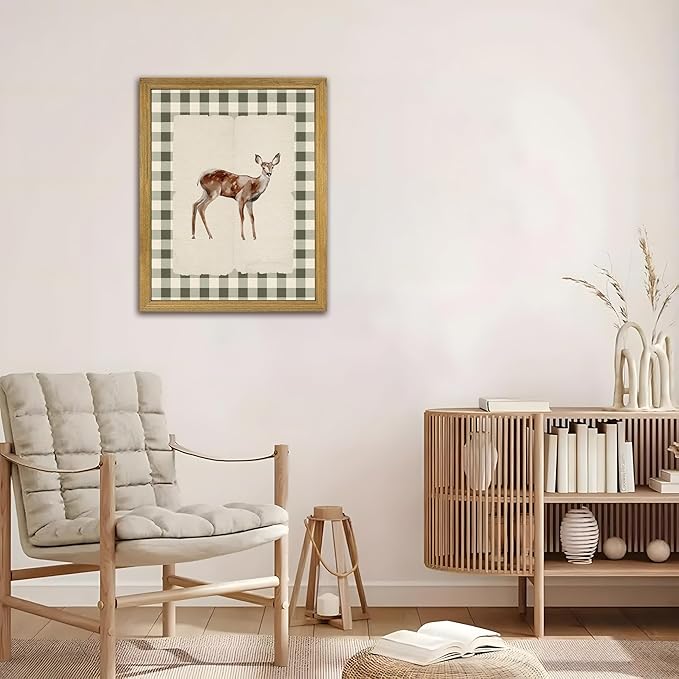 Wood Framed Deer Wall Art Print, Woodland Baby Deer Canvas Poster Wall Decor, Vintage Rustic Green Gingham Farmhouse Animal Picture for Living Room Kitchen Bedroom Nursery Decor, 16x24 inch