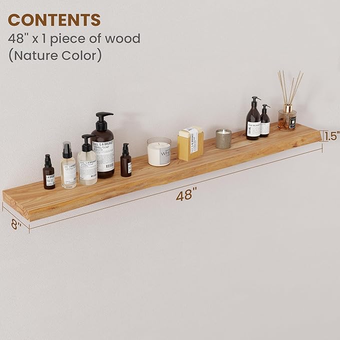 Floating Shelves for Wall Decor, Rustic Solid Elm Wood Floating Shelves Wall Mounted, Wall Shelves with Invisible Bracket for Living Room Bathroom Bedroom Kitchen, 48 Inch, Natural