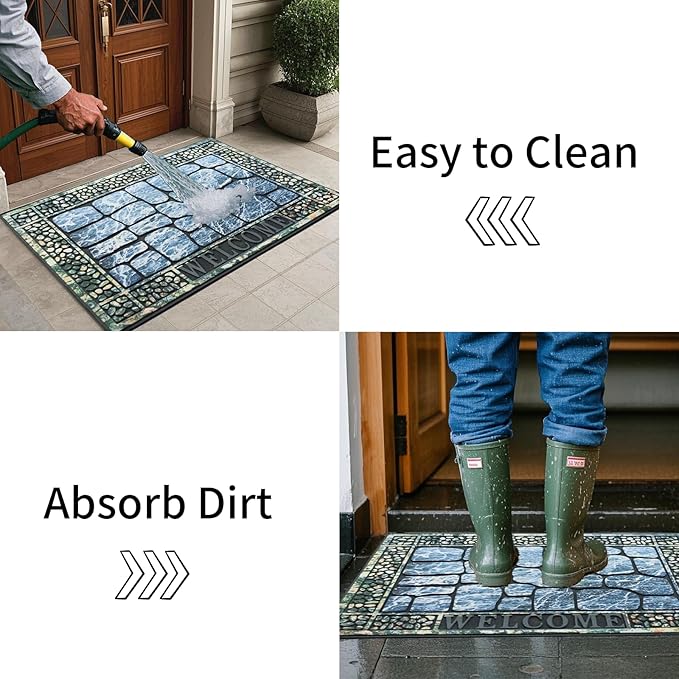 Door Mat Welcome Mat, Heavy Duty Door Mat 23.6 x 35.4 Inch Front Door Mat Rug Doormat for Outdoor Entrance Home Non-Slip Rubber Rug for Front Door, Outside, Entryway, Patio (Blue Welcome)