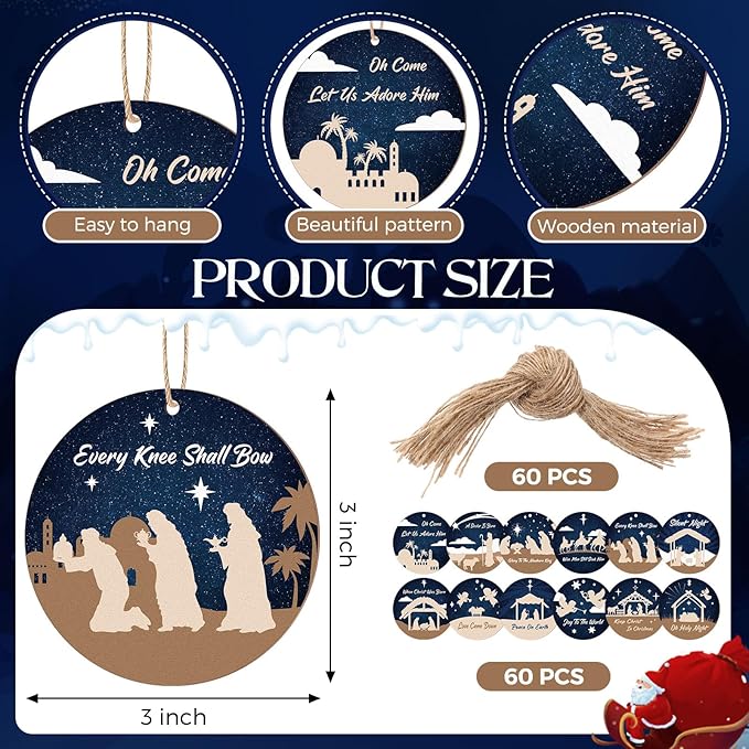 Soaoo 60 Pcs Nativity Scene Christmas Tree Ornament Christian Religious Ornaments Bulk Round Nativity Xmas Tree Hanging Wooden Decorations for Garden Yard Outdoor Home(Classic Style)