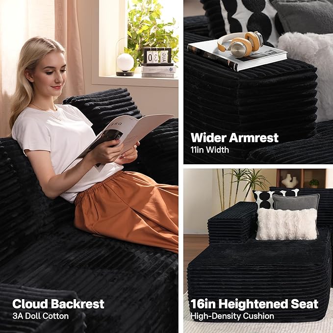 104" Cloudy Sectional L Shaped Couch for Living Room, No Assembly Required, Modular Comfy Sofa with Deep Seat, Fluffy Couch with Sleeper Chaise for Apartment Lounge (Black)