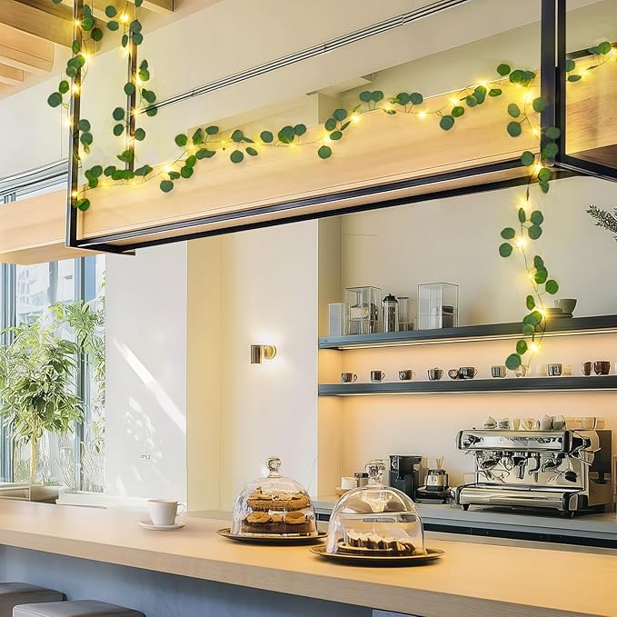 JMEXSUSS 33 FT 100 LED Eucalyptus Vine Fairy Lights, Vines with Lights Battery Operated with Remote, Eucalyptus Leaf Light Garland Indoor Outdoor for Bedroom Wall Classroom Party Decor(Warm White)