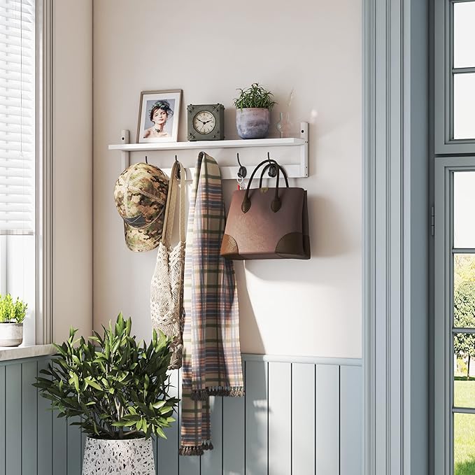 AMBIRD Wall Hooks with Shelf | Entryway Hanging Wood Coat Hooks | Wall-Mounted Rack with 5 Dual Hooks | Bathroom, Living Room, Bedroom (Modern).