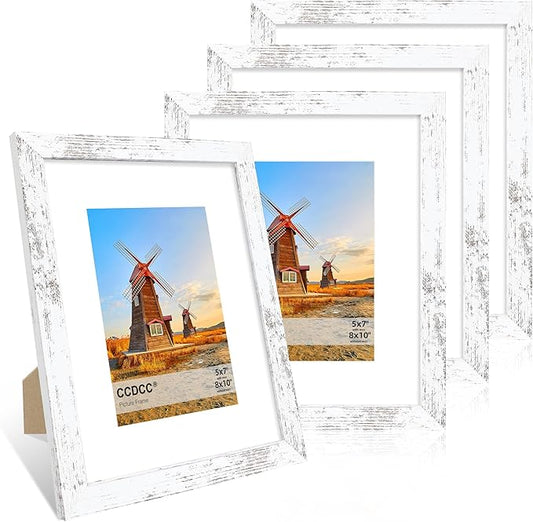8x10 Picture Frame Set of 4, 8 x 10 Wood Photo Frames with Mat for 5x7, Rustic Natural Wooden Frame with Real Glass Cover for Wall and Tabletop Display,Distressed White