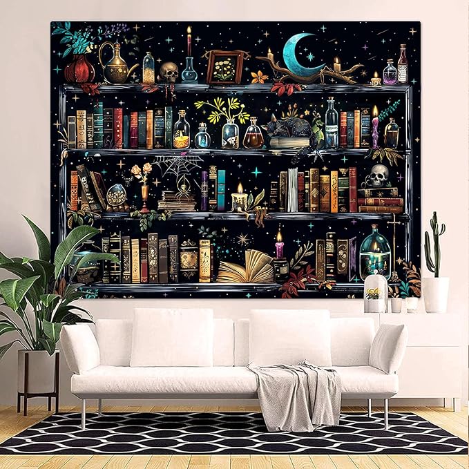 Accnicc Magic Bookshelf Tapestry Magical Witchy Potion Dark Hippie Haloween Tapestries Wall Hanging Gothic Skull Black Cat Library Book Small Tapestry for Bedroom Living Room Dorm 60 x 44 inch