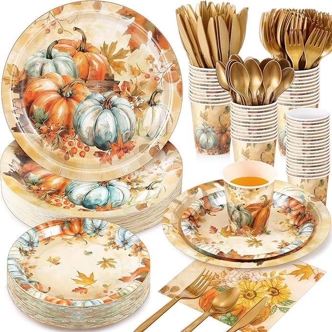350 Pcs Thanksgiving Fall Party Supplies Maple Leaf Dinnerware Set Disposable Plates Napkins Paper Cups Plastic Cutlery for Autumn Thanksgiving Harvest Party Decor Serves 50(Pumpkin)