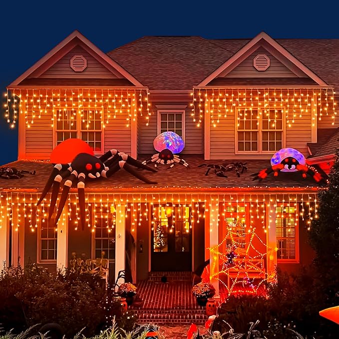 Orange Halloween Lights Outdoor Indoor, 66ft Icicle Lights for Outside, 640 LED Twinkle String Lights with 120 Drops Clear Wire Short Curtain Lights for Room Home Wall Bedroom Decor
