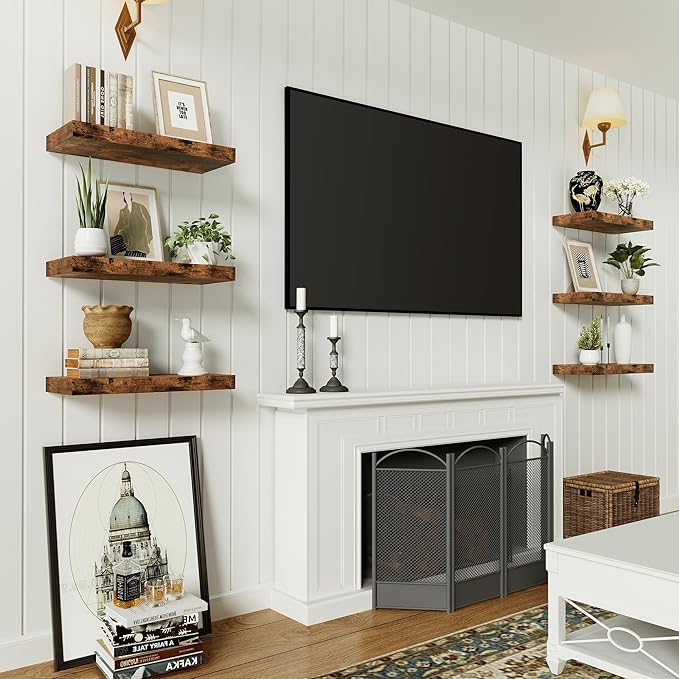 Floating Shelves for Wall, 16 inchs x 6.7” deep x 1.4” Bathroom Shelf Bedroom, Living Room, Kitchen, Farmhouse Decor, Rustic Wood Wall Shelves with Invisible Brackets - Set of 2, Rustic Brown