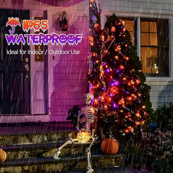 4pk Orange and Purple Solar Halloween Lights Outdoor Waterproof, 400LED 132FT Solar Powered LED String Lights Black Wire with 8 Modes, Solar Fairy Lights for Halloween Horror Party Tree Wedding Decor