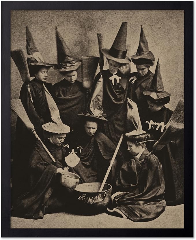 Poster Master Vintage Photograph Poster - Retro Halloween Print - Gift for Artist, Friend - Witches Cooking, Pointy Hats, Broomsticks, Black Magic - Wall Decor for Bedroom, 11x14 Black Framed