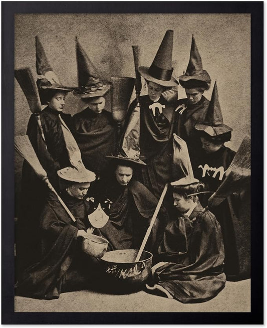 Poster Master Vintage Photograph Poster - Retro Halloween Print - Gift for Artist, Friend - Witches Cooking, Pointy Hats, Broomsticks, Black Magic - Wall Decor for Bedroom, 11x14 Black Framed