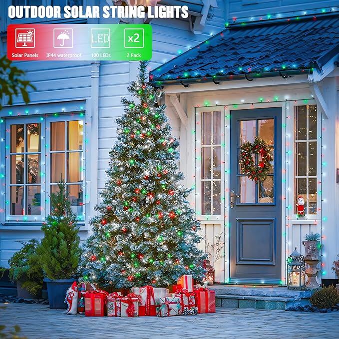 JMEXSUSS Red White and Green Christmas Lights, 2 Pack 100 LED 33 FT Solar Christmas Lights Outdoor Waterproof, Outdoor Solar String Lights for Outside Garden Yard Christmas Tree Decor