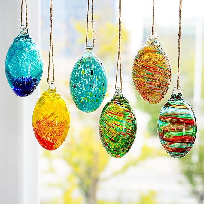 Set of 6 Hand Blown Glass Egg Ornaments Hanging Gazing Ball Witches Ball Friendship Decor for Home Outdoor Wedding Party