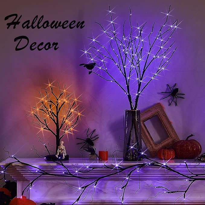 Fudios Halloween Lighted Branches with Timer 100 LED Purple Fairy Lights 32IN, Artificial Black Branch Lights for Halloween Battery Operated Home Decor Indoor Outdoor Use