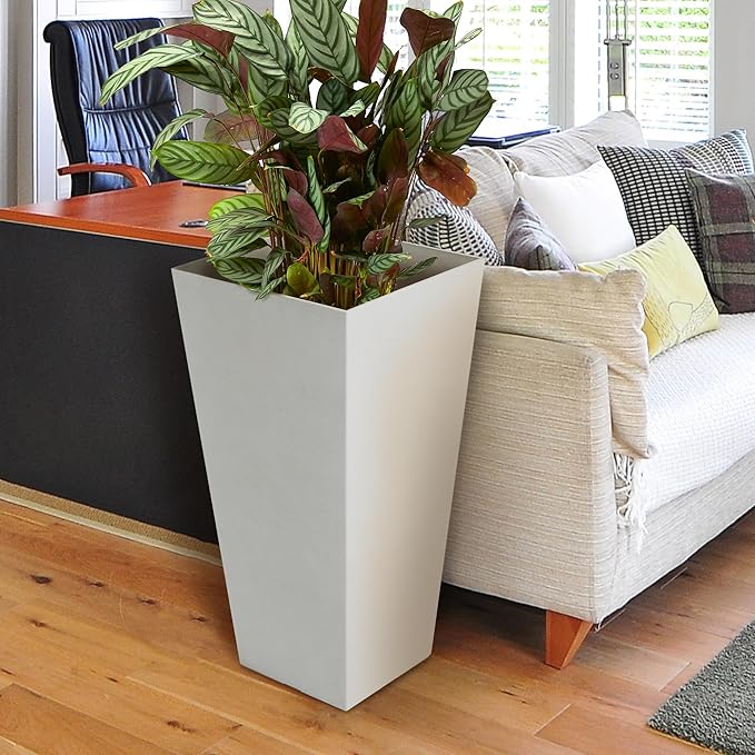 Worth Garden 2-Pack White Matte Texture Square Tapered Planter - 25.5" H. Tall Plastic Plant Pots with Drain Hole for Indoor Outdoor - Modern Decorative Flower Pots for Front Porch, Patio, Deck