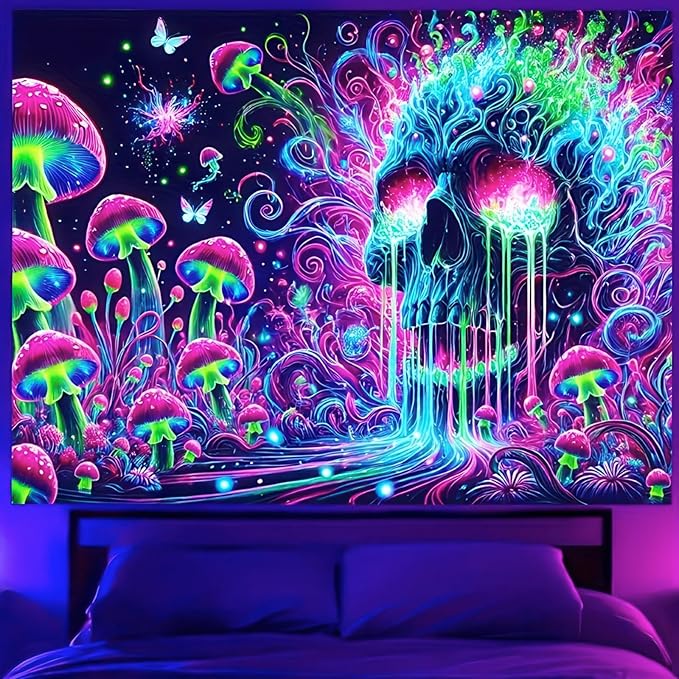 BlissYard Glowing Tapestry Blacklight Skull Tapestry 78x59 Inch Psychedelic Skull Mushroom UV Reactive Neon Mushroom Galaxy Space Tapestry Wall Hanging for Living Room Bedroom Party Backdrop Decor