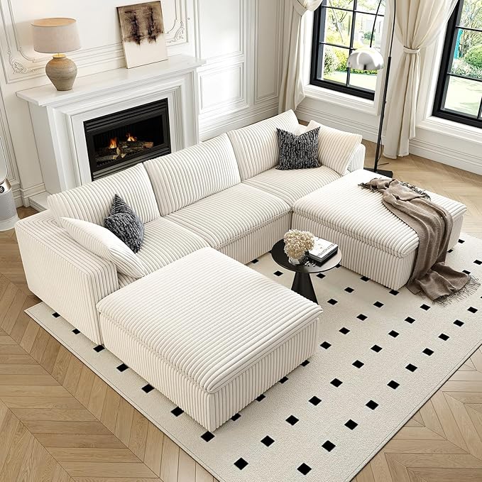 118" Cloud Couch Modular Sectional Sofa for Living Room,Modern Sofa with Deep Seat，U-Shape Boneless Couch with 2 Ottoman,Comfy Upholstered Corduroy Couches for Apartment, Studio, Office,Bedroom，White