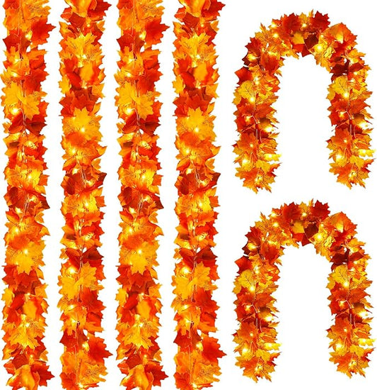 Joyhalo 6 Pack Fall Garland with Lights, Fall Leaves for Mantle, Outdoor Lighted Up Leaf Garland Autumn Decor with 6.5FT LED String Lights, Hanging Maple Leaves for Door, Thanksgiving Decor