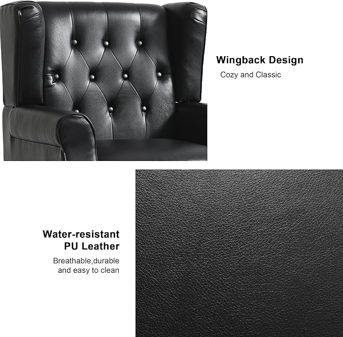 Accent Chair, Upholstered Armchair with Button Tufted High Back & Solid Wood Legs, Comfy Wingback Reading Single Sofa Chair for Small Spaces, Living Room, Bedroom (Leather Black, Set of 1)