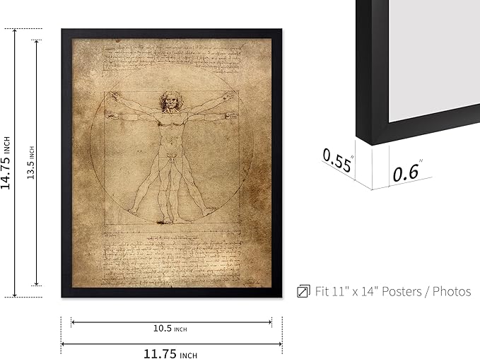 Poster Master Classic Leonardo Da Vinci Poster - Vintage Renaissance Print - Gift for Artist, Friend - Vitruvian Man, Proportion, Symmetry, Human Body - Wall Decor for Office, 11x14 Black Framed
