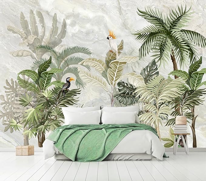 AFZEVEB-Green Forest Nursery Wallpaper Tropical Parrots Wall murals for Kids Room 136"x96" (Not Peel and Stick)